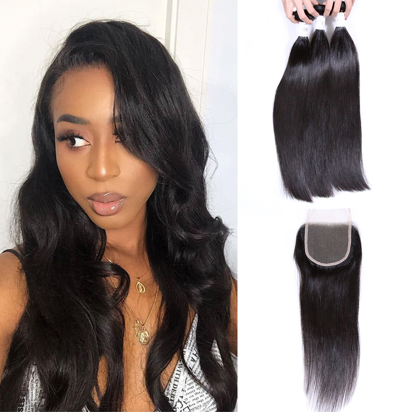 Virgin Hair 3 Bundles With Lace Closure Brazilian Straight Raw Hair,3 ...